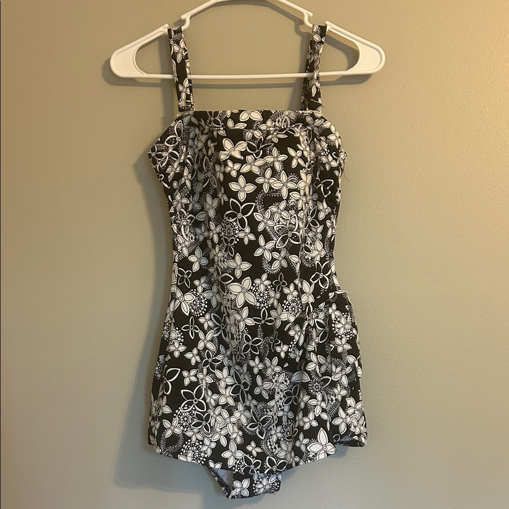 Elegant Black and White Floral One Piece Swimsuit